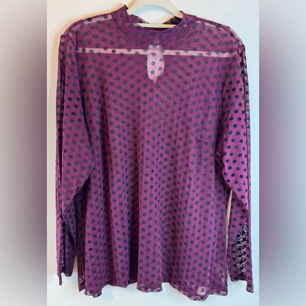 Lane Bryant Sheer Mock-Neck Mesh Purple with Black Polka Dots Long Sleeve Top